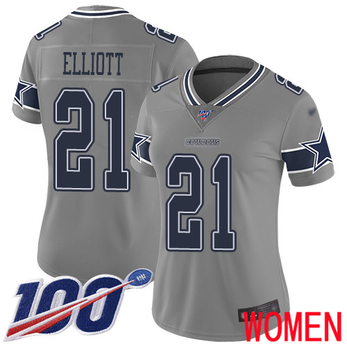 Women Dallas Cowboys Limited Gray Ezekiel Elliott #21 100th Season Inverted Legend NFL Jersey->women nfl jersey->Women Jersey